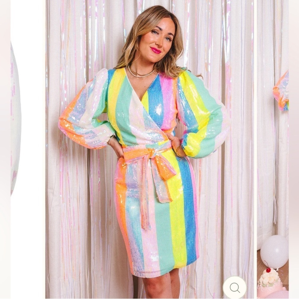 Ivy City Co Jagger Dress in Rainbow Striped Sequin - Size XS